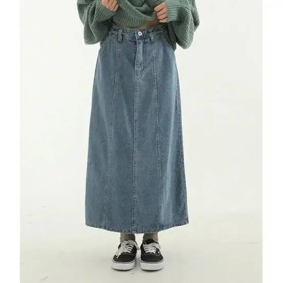 Button up line denim long skirt